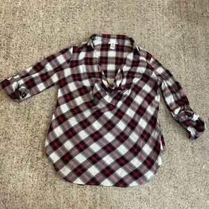 Soft Surroundings Women's MED Blouse Top Long Roll Tab Sleeve Cowl Neck Plaid